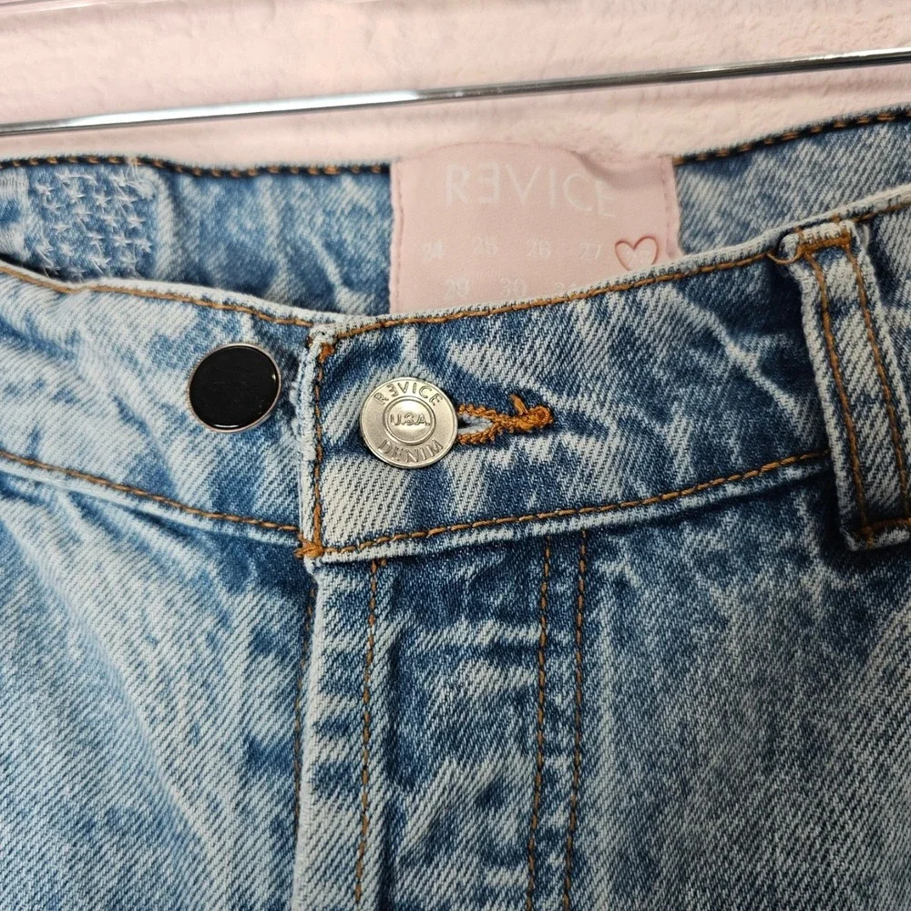 Revice Denim High Waisted Straight Leg Jeans Light Wash Distressed Size 27 *FLAW